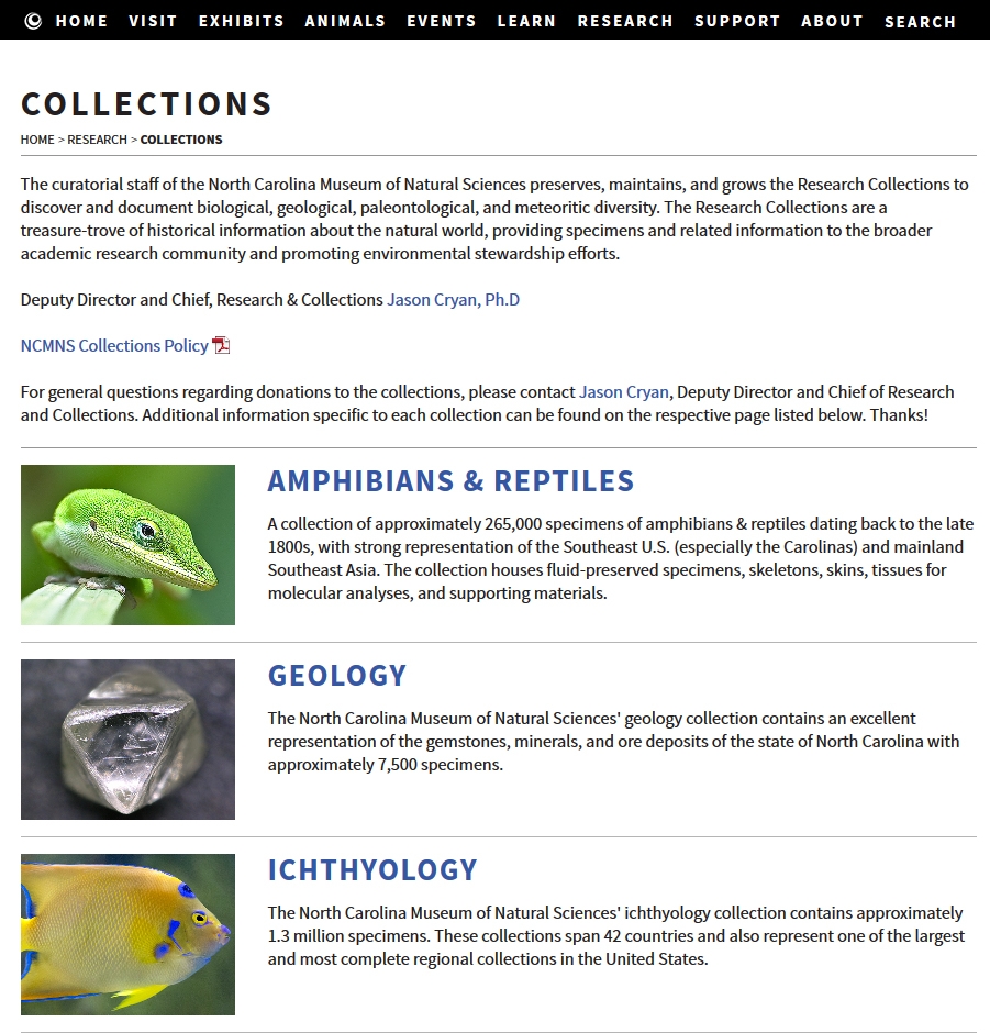 NCMNS Website Screenshot - Collections Home