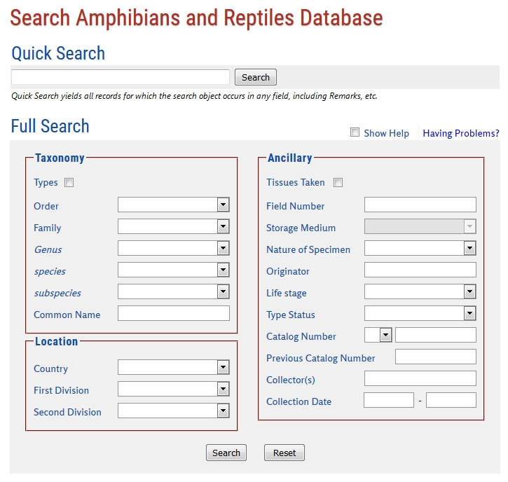 Herpetology Search Page